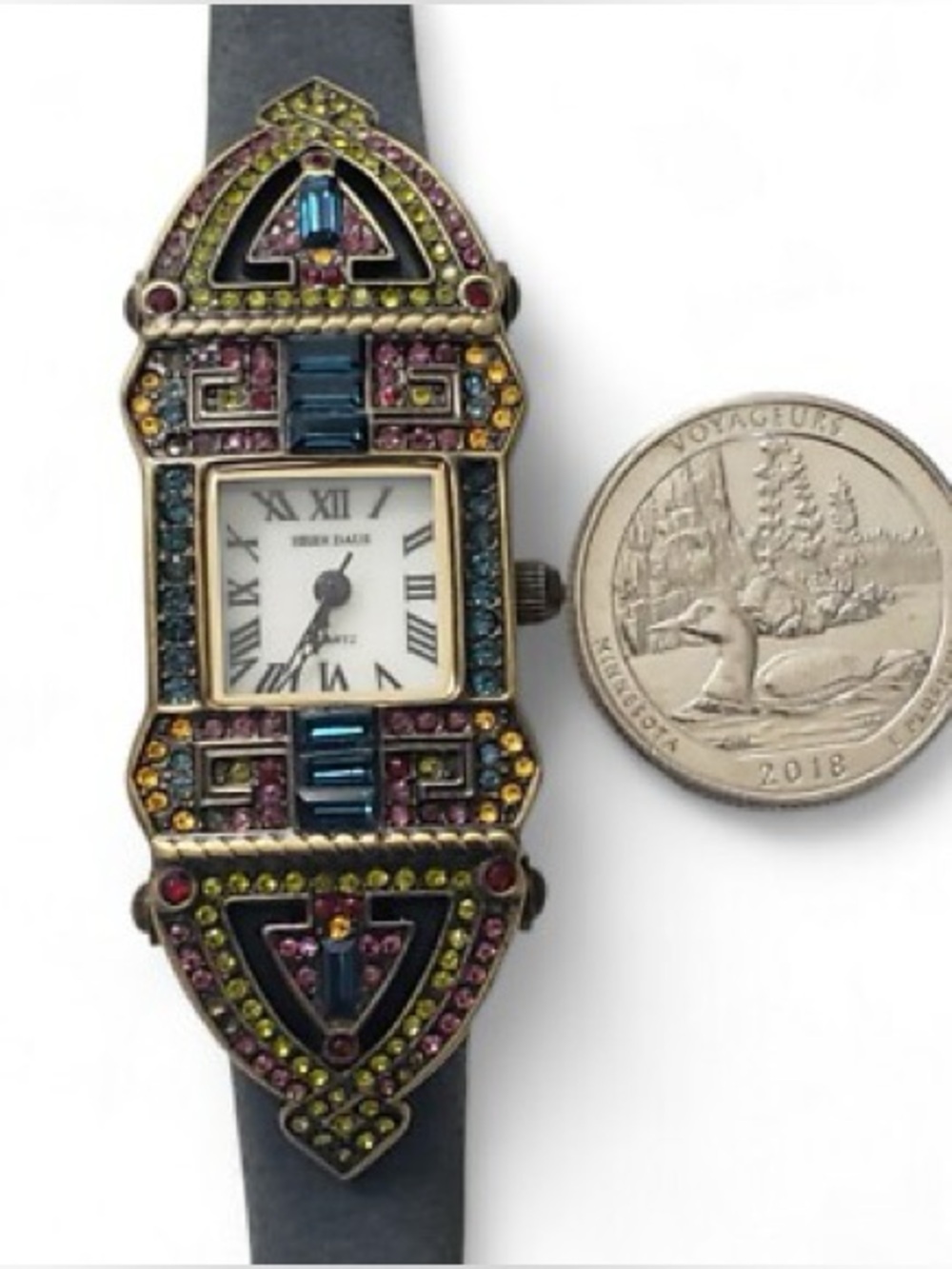 VINTAGE HEIDI DAUS ART DECO COLORED CRYSTALS BRONZE TONE QUARTZ WATCH